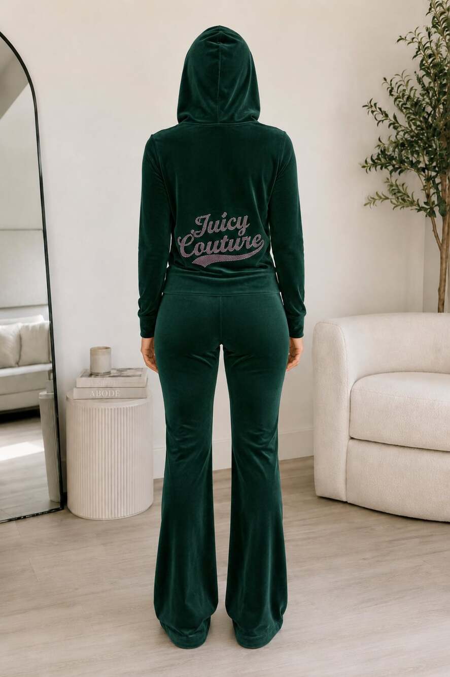 L Juicy Couture Green Velvet Rhinestone Zip Hoodie and Flare Tracksuit Set